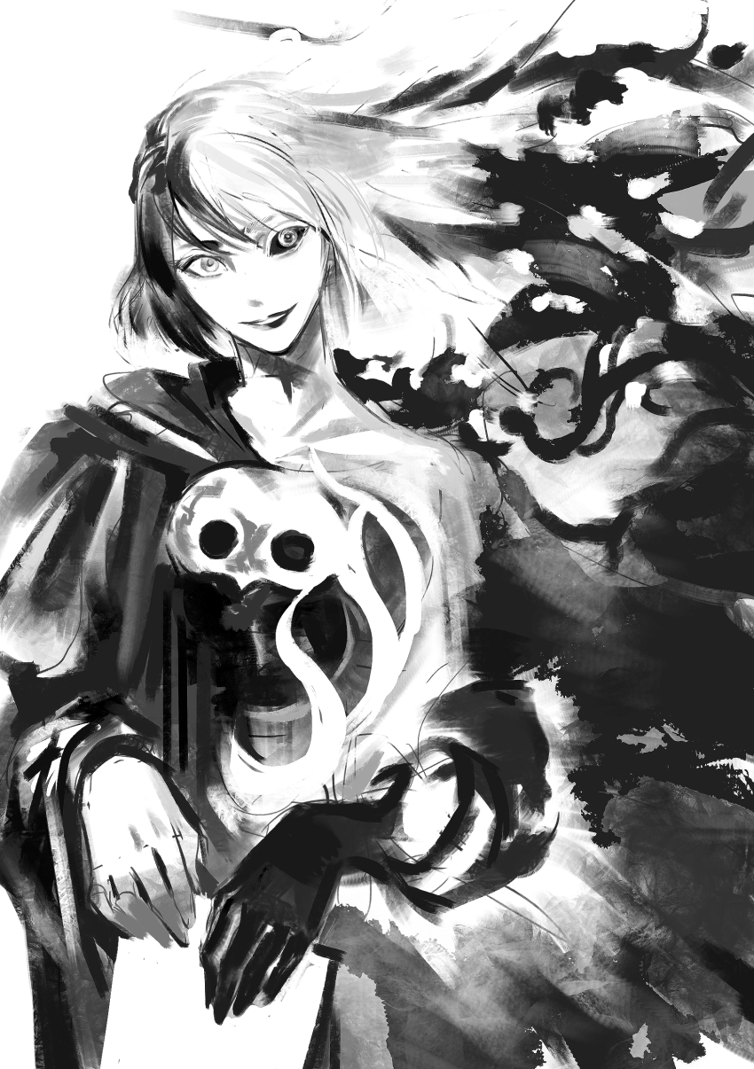 1girl, absurdres, athena_(ff14), black_sclera, book, closed_mouth, colored_sclera, colored_skin, commentary, cowboy_shot, crazy_smile, cropped_legs, english_commentary, final_fantasy, final_fantasy_xiv, highres, holding, holding_book, looking_at_viewer, mask, monochrome, monsterification, multicolored_hair, multicolored_skin, robe, simple_background, smile, solo, transformation, two-tone_hair, two-tone_skin, unworn_mask, white_background, zmeoow