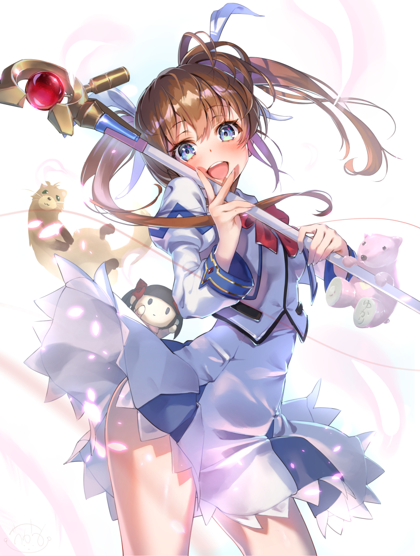 1boy, 1girl, absurdres, brown_hair, character_doll, doll, ferret, fingerless_gloves, gloves, green_eyes, highres, long_hair, lyrical_nanoha, magical_girl, mahou_shoujo_lyrical_nanoha, octagram, open_mouth, purple_eyes, raising_heart, raising_heart_(standby_mode), ribbon, skirt, staff, star_of_lakshmi, takamachi_nanoha, twintails, v, v_over_mouth, voice_actor_connection, weapon, white_devil, yonabe, yuuno_scrya