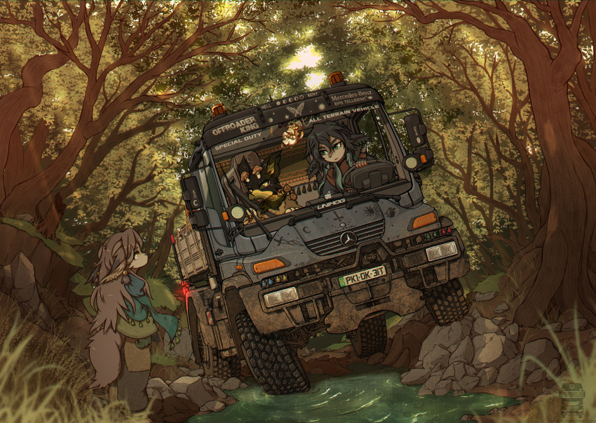 1girl, 2boys, black_eyes, black_gloves, black_hair, black_pants, blue_eyes, blue_hair