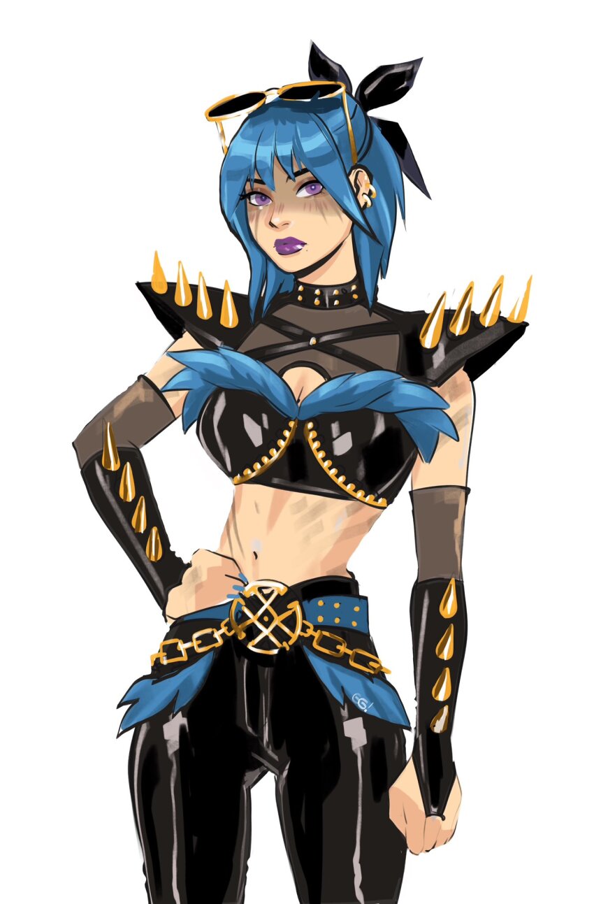 1girl, black_bow, black_pants, blue_hair, bow, breasts, bridal_gauntlets, cleavage