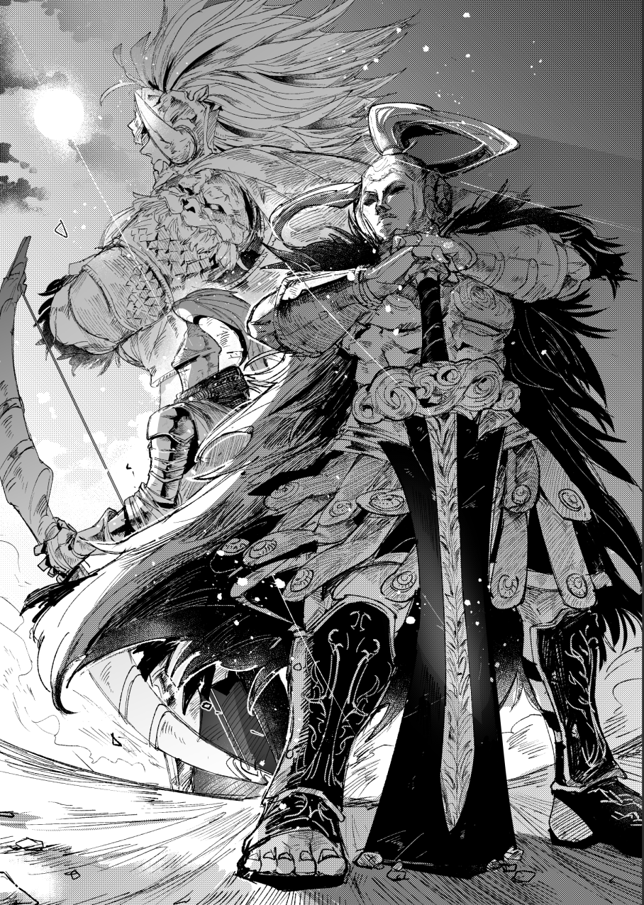 1boy, 1girl, 1other, armor, armored_skirt, bow_(weapon), bracer, breastplate, cape, elden_ring, elden_ring:_shadow_of_the_erdtree, fake_horns, full_armor, full_body, fur_cape, greatsword, greaves, greyscale, helmet, highres, holding, holding_bow_(weapon), holding_weapon, horned_helmet, horns, knight, kofuku_(reitouko), long_hair, mask, monochrome, pauldrons, planted, planted_sword, planted_weapon, plume, profile, redmane_freyja, redmane_knight_ogha, shoulder_armor, standing, starscourge_radahn, sword, weapon