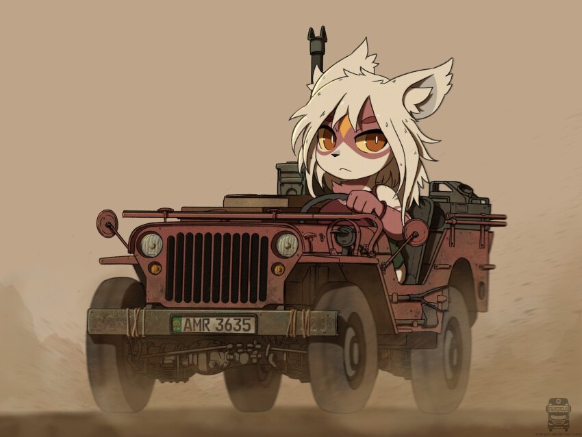 1girl, animal_ear_fluff, animal_ears, animal_nose, bright_pupils, colored_sclera, driving, dust, elbow_gloves, fox_ears, fox_girl, gloves, grey_hair, highres, license_plate, merqrous, military_jeep, motor_vehicle, original, red_eyes, red_gloves, shirt, sleeveless, sleeveless_shirt, solo, vehicle_focus, white_pupils, yellow_sclera