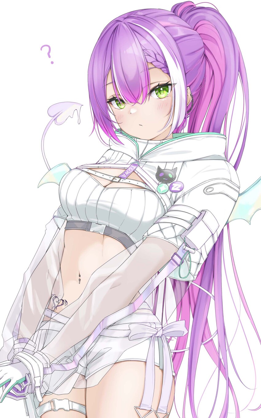 1girl, ?, absurdres, belt, blush, braid, braided_bangs, breasts