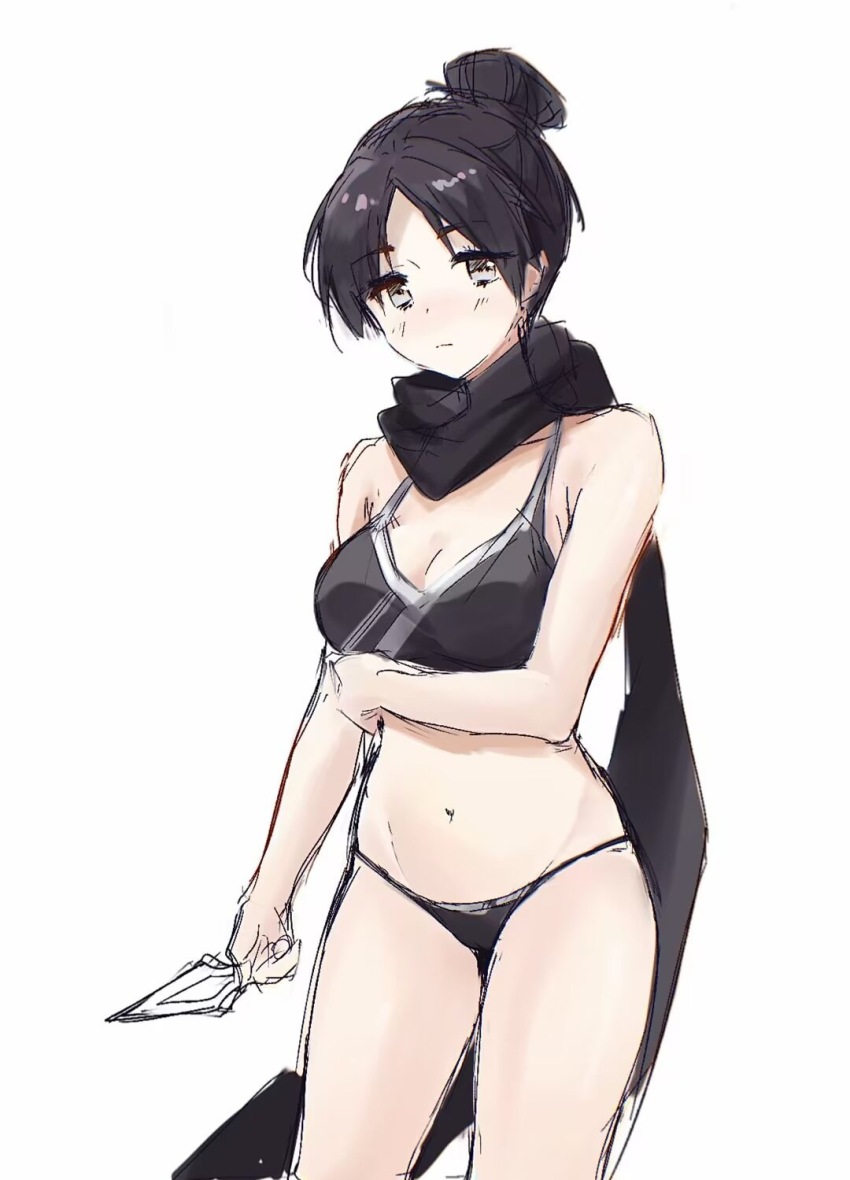 1girl, animification, apex_legends, arm_under_breasts, bikini, black_bikini, black_eyes, black_hair, black_scarf, breasts, chinese_commentary, cleavage, collarbone, groin, hair_behind_ear, head_tilt, highres, holding, holding_knife, hope's_dusk_(apex_legends), jianye, knife, kunai, light_frown, looking_at_viewer, medium_breasts, navel, scarf, sketch, solo, swimsuit, weapon, wraith_(apex_legends)