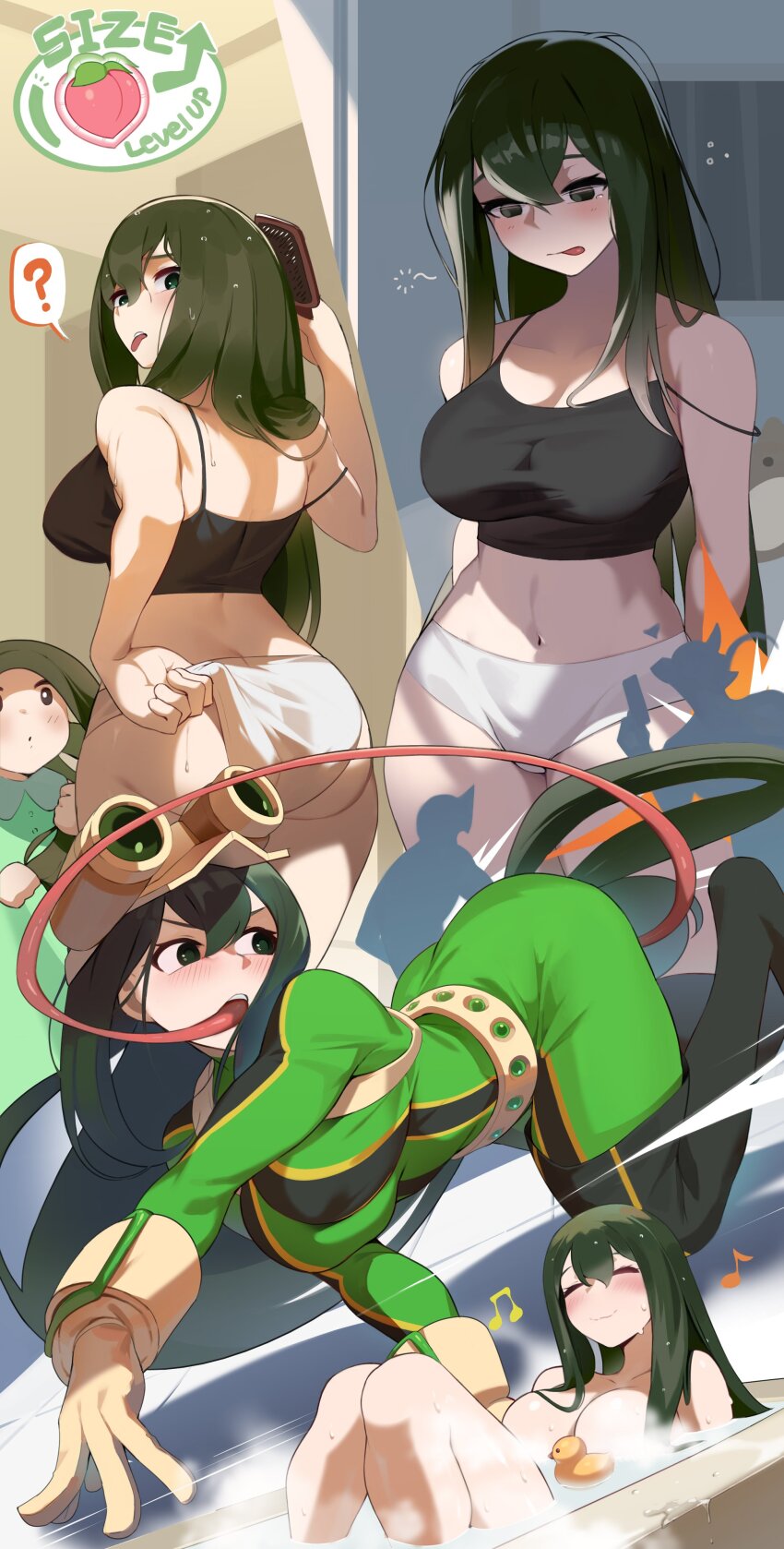 2girls, ?, absurdres, adjusting_clothes, adjusting_panties, ass, asui_tsuyu, bare_shoulders, bathing, belt, black_camisole, blush, bodysuit, boku_no_hero_academia, breasts, brown_gloves, brushing_hair, brushing_own_hair, camisole, closed_eyes, collarbone, commentary, completely_nude, convenient_censoring, english_text, food, frog_girl, fruit, gloves, goggles, goggles_on_head, green_bodysuit, green_eyes, green_hair, hair_between_eyes, hair_brush, highres, holding, holding_hair_brush, kopam, large_breasts, level_up, long_hair, long_tongue, looking_at_another, looking_at_viewer, looking_to_the_side, midriff, multiple_girls, multiple_views, musical_note, navel, nude, off_shoulder, panties, peach, rubber_duck, smile, solo_focus, spoken_question_mark, steam, steam_censor, superhero_costume, sweat, untranslatable_commentary, thighs, toned, toned_female, tongue, tongue_out, underwear, very_long_hair, very_long_tongue, water, white_panties