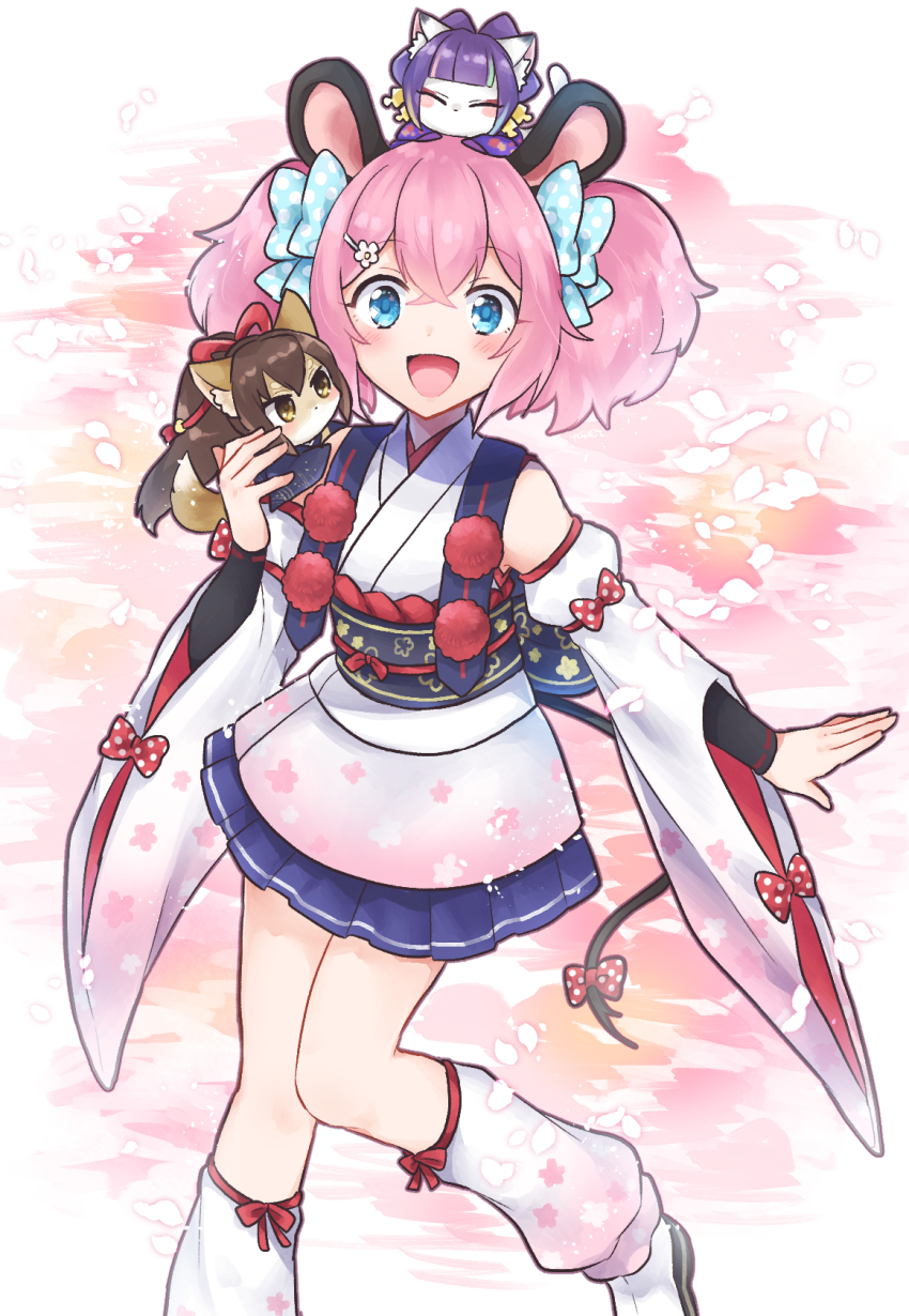 3girls, :d, ^_^, a_(myumon)_(show_by_rock!!), a_(show_by_rock!!), animal_ears, bow, closed_eyes