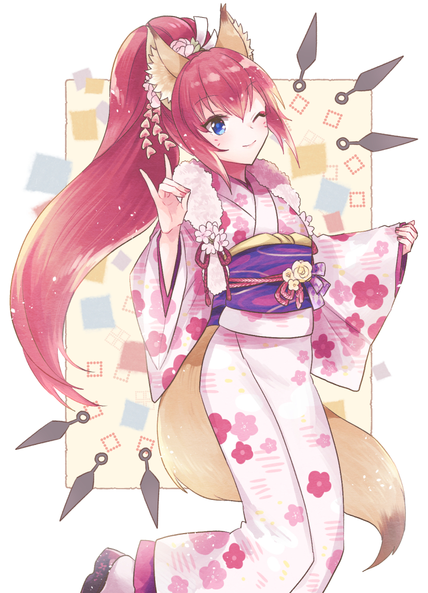 1girl, ;), alternate_costume, animal_ears, blue_eyes, border, facial_mark, feet_out_of_frame