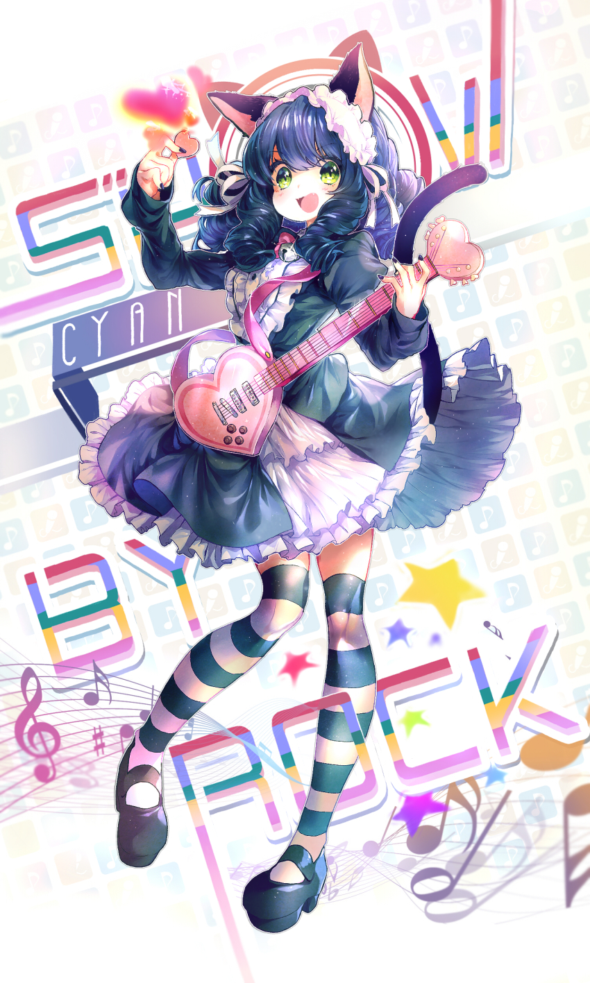 1girl, :d, absurdres, animal_ears, bell, black_dress, black_nails, black_shoes