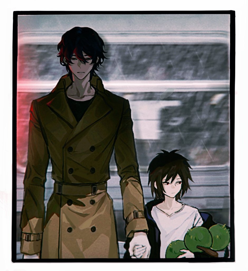 2boys, black_eyes, black_hair, black_jacket, black_shirt, border, brown_coat, brown_hair