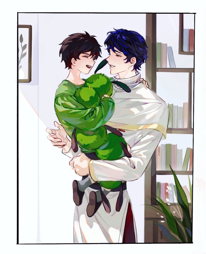 2boys, belt, black_belt, blue_hair, bookshelf, border, brown_hair, brown_slippers