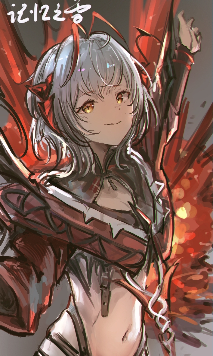 1girl, antenna_hair, arknights, crop_top, cropped_jacket, demon_horns, horns, jacket, jiyi_zhi_xue, midriff, navel, orange_eyes, red_jacket, short_hair, solo, w_(arknights), white_hair, wis'adel_(arknights)