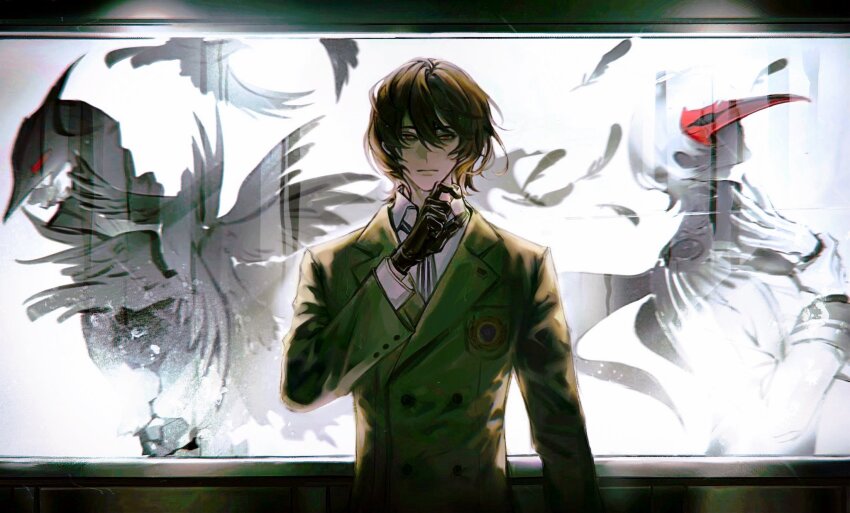 1boy, :|, akechi_gorou, black_gloves, black_necktie, brown_hair, brown_jacket, chinese_commentary, closed_mouth, collared_shirt, commentary_request, gloves, hand_up, highres, jacket, long_sleeves, looking_at_viewer, male_focus, necktie, persona, persona_5, red_eyes, she_yellowbelly, shirt, short_hair, solo, striped_clothes, striped_necktie, upper_body, white_shirt