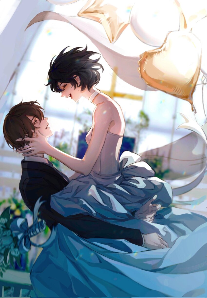 1boy, 1girl, balloon, black_hair, black_jacket, breasts, bride, brown_hair