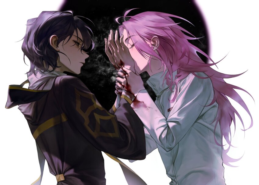 2boys, black_eyes, bleeding, blood, blood_on_clothes, blood_on_hands, commentary_request, hatsutori_hajime