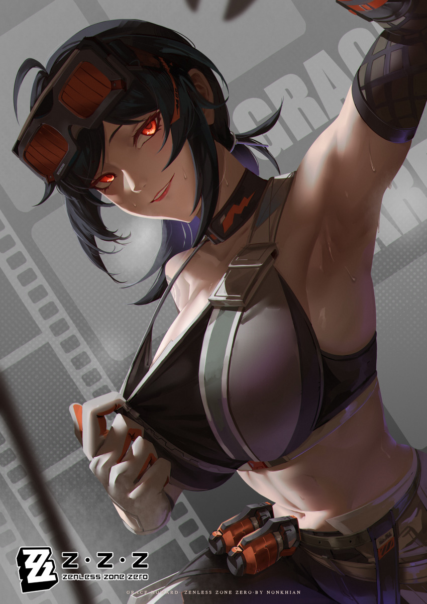 1girl, absurdres, ahoge, armpits, artist_name, bare_shoulders, black_choker, black_hair, black_pants, black_sports_bra, breasts, character_name, choker, collarbone, commentary, copyright_name, cowboy_shot, english_commentary, explosive, gloves, goggles, goggles_on_head, grace_howard, grenade, head_tilt, highres, large_breasts, logo, looking_at_viewer, low_ponytail, medium_hair, navel, nonkhian, orange-tinted_eyewear, orange_eyes, pants, parted_lips, ponytail, pulling_own_clothes, red_lips, shoulder_tattoo, smile, solo, sports_bra, stomach, sweat, tattoo, teeth, tinted_eyewear, white_gloves, zenless_zone_zero
