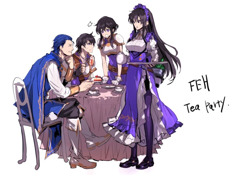 2boys, 2girls, armor, armored_dress, ayra_(fire_emblem), ayra_(tea_party)_(fire_emblem), black_gloves, black_hair