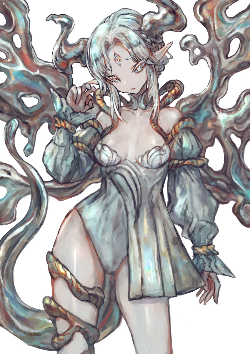 1girl, absurdres, arm_up, breasts, cleavage, commentary, cowboy_shot, demon_girl