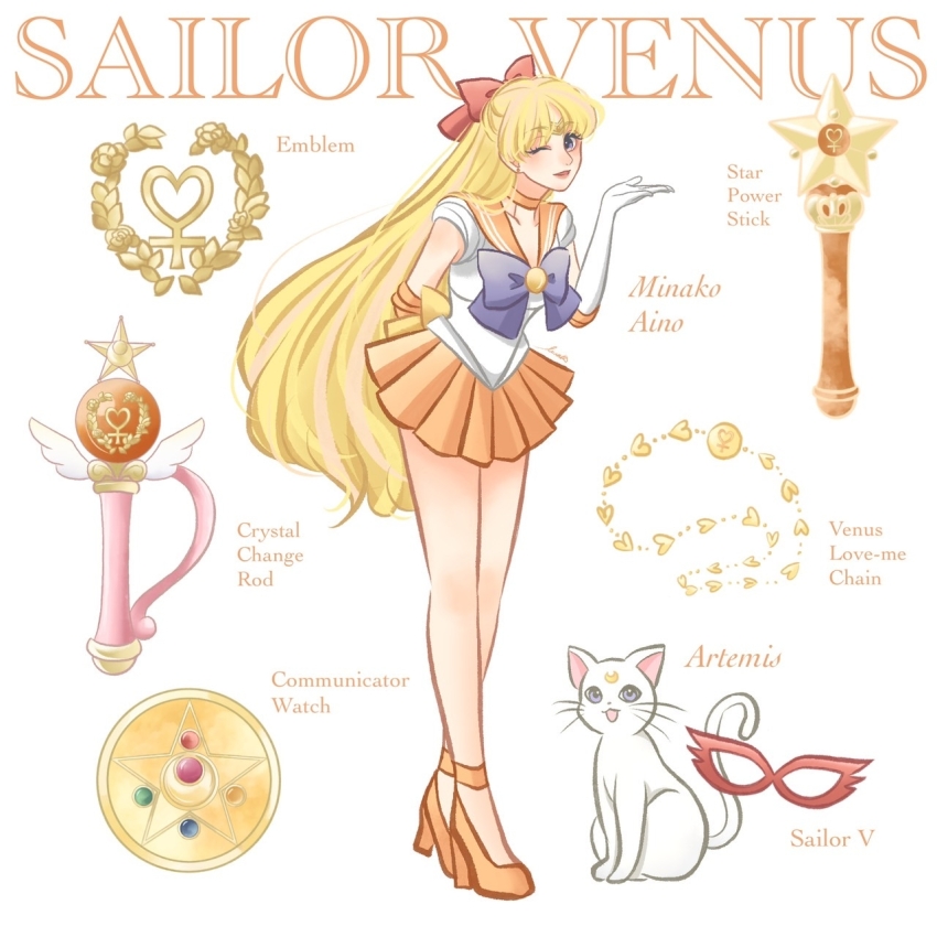 1girl, aino_minako, artemis_(sailor_moon), bishoujo_senshi_sailor_moon, blonde_hair, blowing_kiss, blue_bow, blue_bowtie