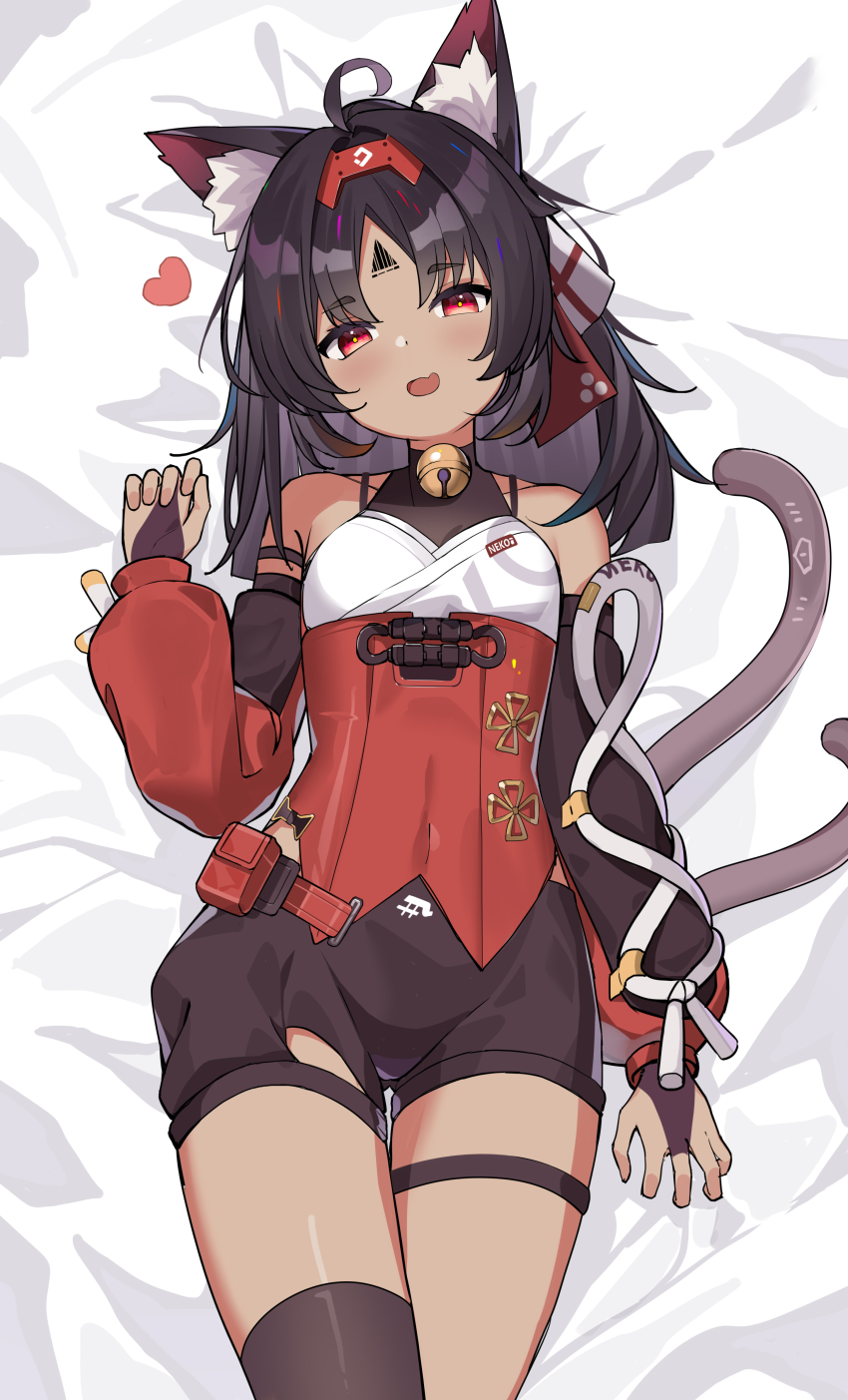 1girl, absurdres, ahoge, animal_ear_fluff, animal_ears, barcode, bare_shoulders, bell, black_hair, black_shorts, black_thighhighs, breasts, bridal_gauntlets, cat_ears, cat_girl, cat_tail, commentary, corset, cowboy_shot, dark-skinned_female, dark_skin, facial_mark, fang, forehead_mark, forehead_tattoo, hair_down, hairband, heart, highres, long_hair, long_sleeves, looking_at_viewer, lying, multiple_tails, nagisa_(cxcx5235), neck_bell, nekomiya_mana, on_back, on_bed, open_mouth, red_corset, red_eyes, red_hairband, red_sleeves, shorts, single_thighhigh, skin_fang, smile, solo, tail, tattoo, thighhighs, two_tails, zenless_zone_zero