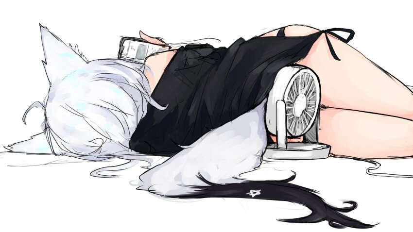 1girl, ahoge, animal_ears, black_shirt, clothing_cutout, electric_fan, fanning_crotch, fox_ears