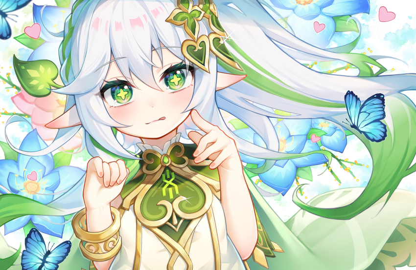 1girl, blue_butterfly, bracelet, bug, butterfly, cape, chinese_commentary, closed_mouth, commentary_request, curled_fingers, fingernails, gem, genshin_impact, gold_trim, gradient_hair, green_cape, green_eyes, green_gem, green_hair, hair_between_eyes, hair_ornament, hands_up, heart, highres, hongshi_(13234456009), insect, jewelry, kalpalata_lotus, leaf_hair_ornament, light_blush, long_hair, looking_at_viewer, multicolored_hair, nahida_(genshin_impact), pointy_ears, solo, star-shaped_pupils, star_(symbol), symbol-shaped_pupils, tongue, tongue_out, upper_body, white_hair