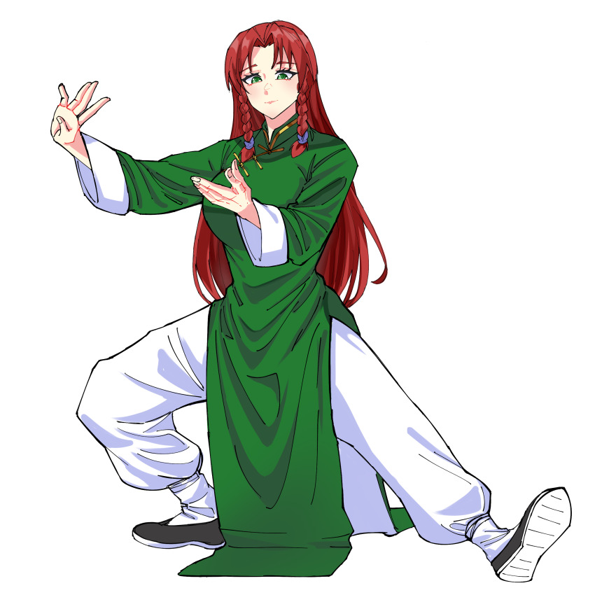 1girl, absurdres, artist_request, china_dress, chinese_clothes, dress, fighting_stance, green_dress