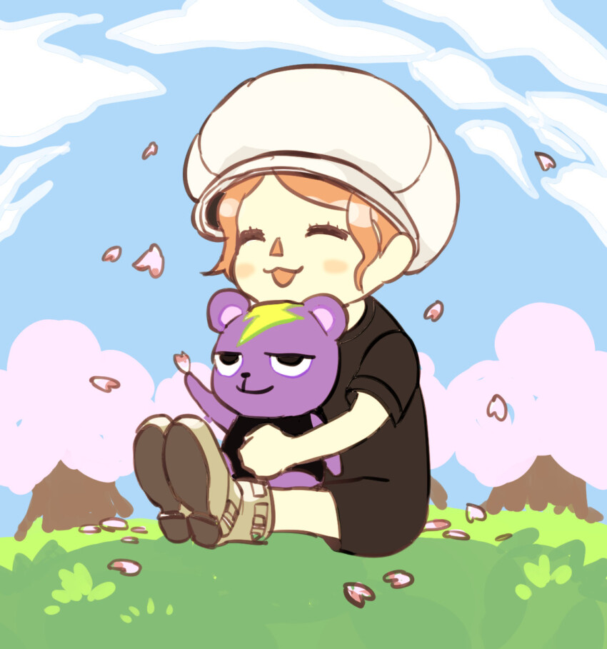 1boy, 1girl, animal_crossing, black_shirt, black_shorts, blue_sky, blush_stickers, brown_hair