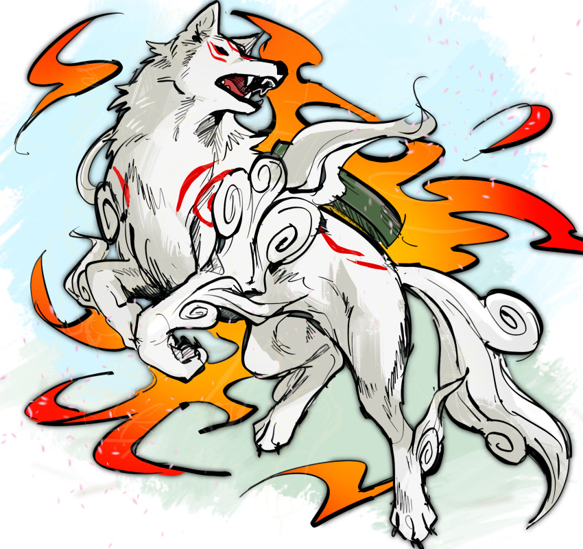 amaterasu_(ookami), animal_focus, blue_background, fire, full_body, green_background, highres, no_humans