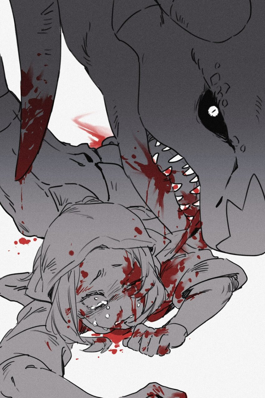 akari_(pokemon), black_sclera, bleeding, blood, blood_drip, blood_in_mouth, blood_on_clothes, blood_on_face