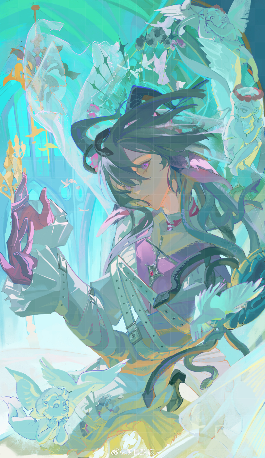 1girl, absurdres, artist_name, belt, bird, black_hair, black_horns, closed_mouth