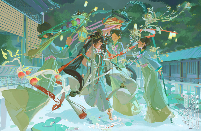 4girls, absurdres, anklet, artist_name, barefoot, black_hair, closed_eyes, closed_mouth