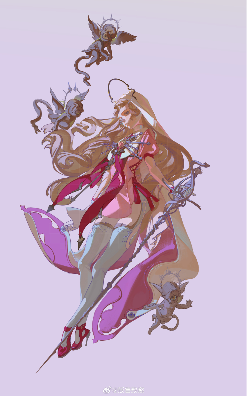 1girl, absurdres, artist_name, brown_eyes, closed_mouth, creature, dress, expressionless, fanshou_zhiyu, from_side, full_body, highres, holding, holding_staff, light_brown_hair, long_hair, looking_at_viewer, original, pink_dress, purple_background, red_footwear, short_sleeves, sidelocks, simple_background, solo, staff, standing, watermark, weibo_watermark