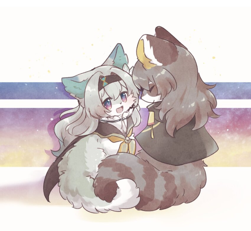 2girls, :d, ^_^, animalization, black_coat, black_hairband, cat, closed_eyes, coat, collared_shirt, cropped_jacket, firefly_(honkai:_star_rail), hairband, haneko0216, highres, honkai:_star_rail, honkai_(series), multicolored_eyes, multiple_girls, neckerchief, open_mouth, orange_neckerchief, raccoon, shirt, smile, stelle_(honkai:_star_rail), tail, trailblazer_(honkai:_star_rail), two-tone_eyes
