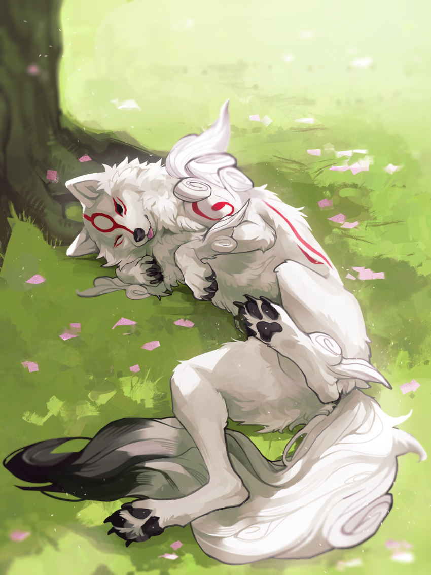 absurdres, amaterasu_(ookami), animal_focus, cherry_blossoms, commentary, english_commentary, highres, lying, no_humans, on_side, ookami_(game), outdoors, tree, under_tree, wintom, wolf