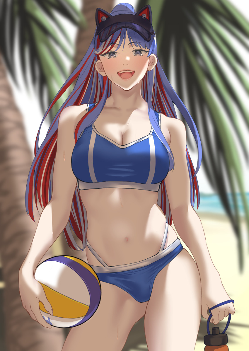 1girl, :d, animal_hat, ball, beach, beach_volleyball, bikini, blue_bikini