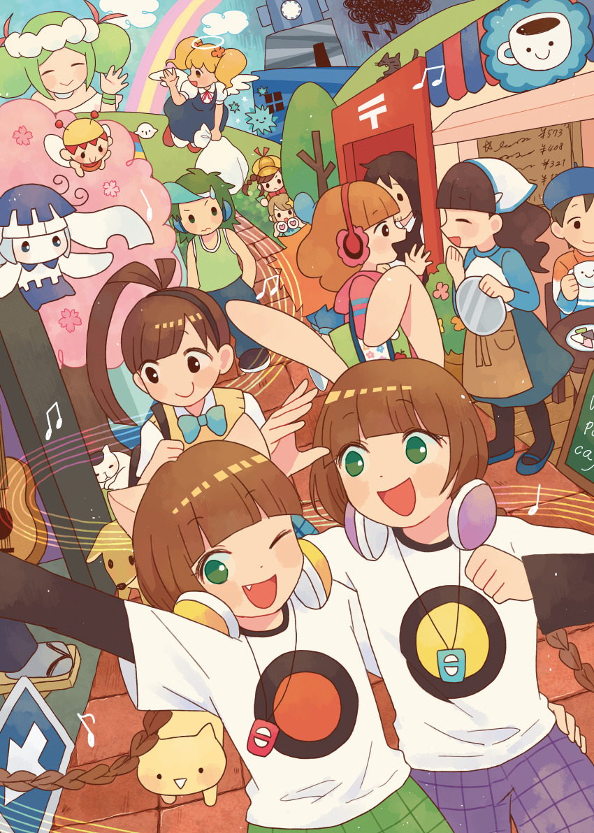 4boys, 6+girls, absurdres, apron, bemani, beret, binoculars, black_hairband, blonde_hair, blunt_bangs, braid, brown_hair, brown_sweater_vest, cafe, cat, dj_tsuyoshi, earmuffs, facial_hair, flora_(pop'n_music), goatee_stubble, green_hair, green_pants, green_tank_top, hairband, halo, hat, headphones, headphones_around_neck, headscarf, highres, holding, holding_binoculars, holding_tray, kaorin_(pop'n_music), kenji_(pop'n_music), marin_(pop'n_music), mimi_(pop'n_music), multiple_boys, multiple_girls, musical_note, nyami_(pop'n_music), outdoors, pants, pikara, poet_(pop'n_music), pop'n_music, pop'n_music_19_tune_street, purple_pants, rainbow, reo-kun, rie-chan, sanae-chan, sandals, schall_(pop'n_music), shirt, storm, stubble, sweater_vest, t-shirt, tank_top, traditional_halo, tray, twin_braids, twintails, undershirt, waist_apron, waving, white_wings, wings