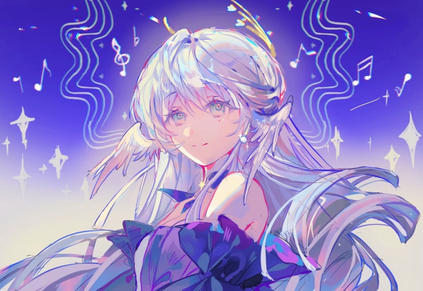 1girl, bare_shoulders, blue_eyes, collar, detached_collar, detached_sleeves, dress, enderrabbit, eyelashes, facial_mark, feathered_wings, gradient_background, hair_between_eyes, halo, head_wings, highres, honkai:_star_rail, honkai_(series), long_hair, looking_up, musical_note, purple_collar, purple_dress, robin_(honkai:_star_rail), sidelocks, smile, solo, star_(symbol), strapless, strapless_dress, upper_body, wavy_hair, white_hair, white_wings, wings