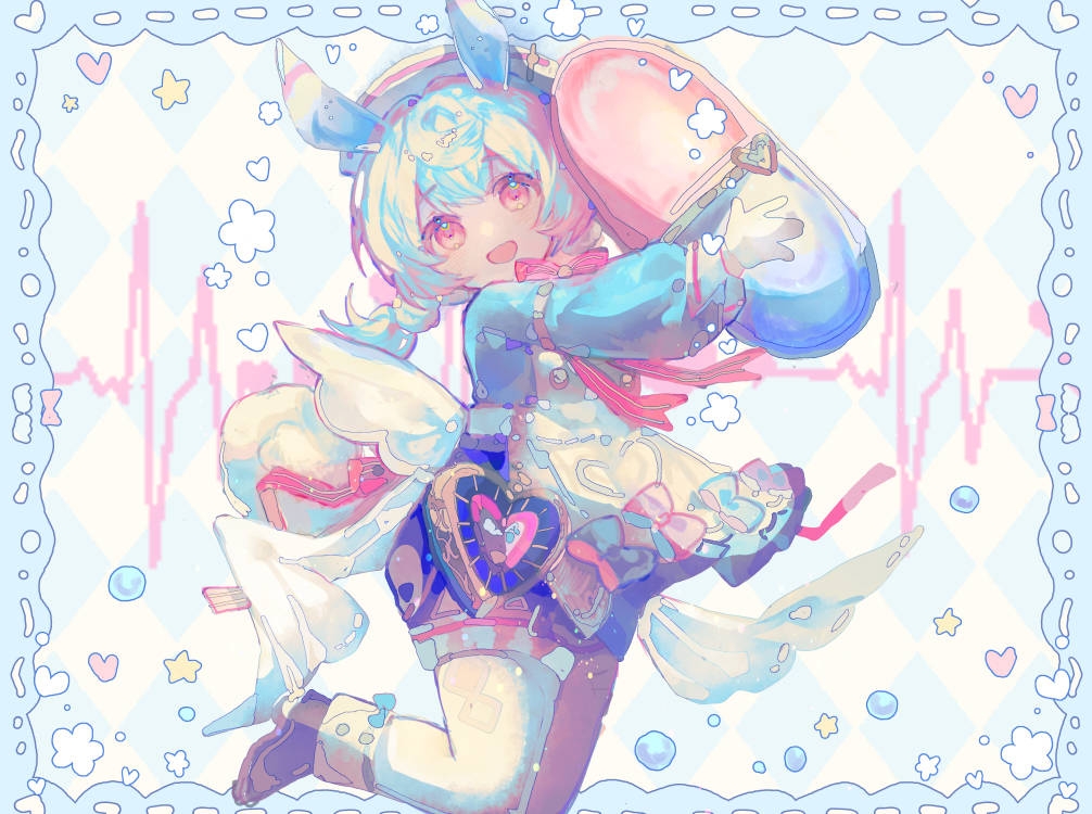 1girl, animal_ears, apron, black_footwear, blue_hair, blush, bow, bubble