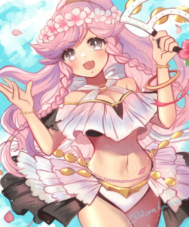 1girl, bikini, blue_sky, braid, breasts, cleavage, cloud, commentary_request