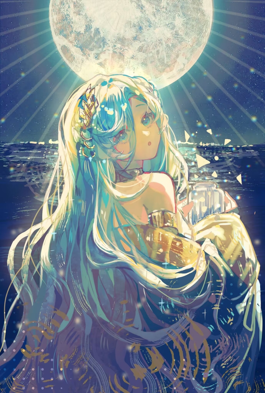 1girl, 37_(reverse:1999), armlet, bare_shoulders, blue_eyes, blue_hair, braid, choker