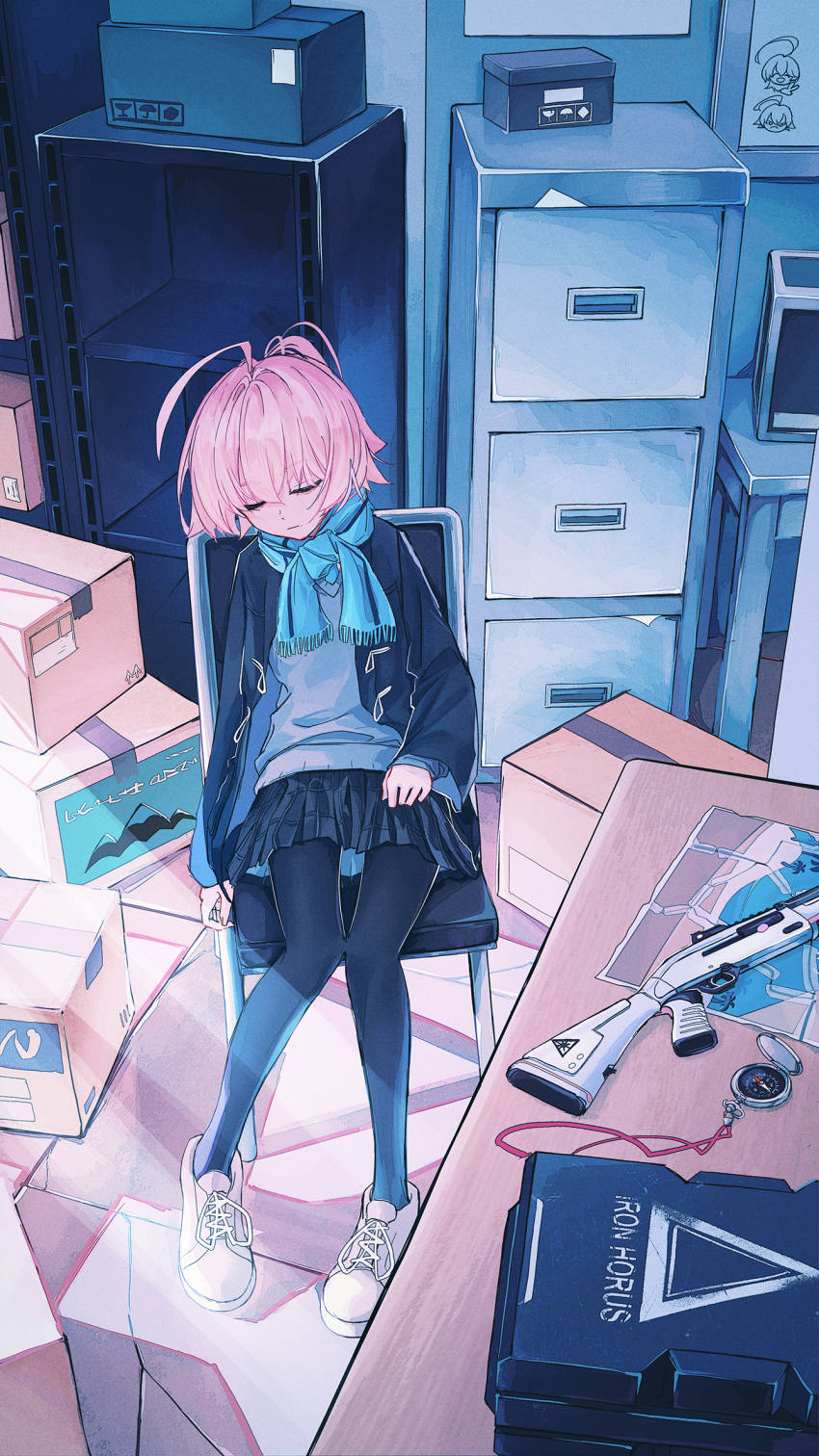 1girl, ahoge, beretta_1301, black_coat, black_pantyhose, black_skirt, blue_archive, blue_cardigan