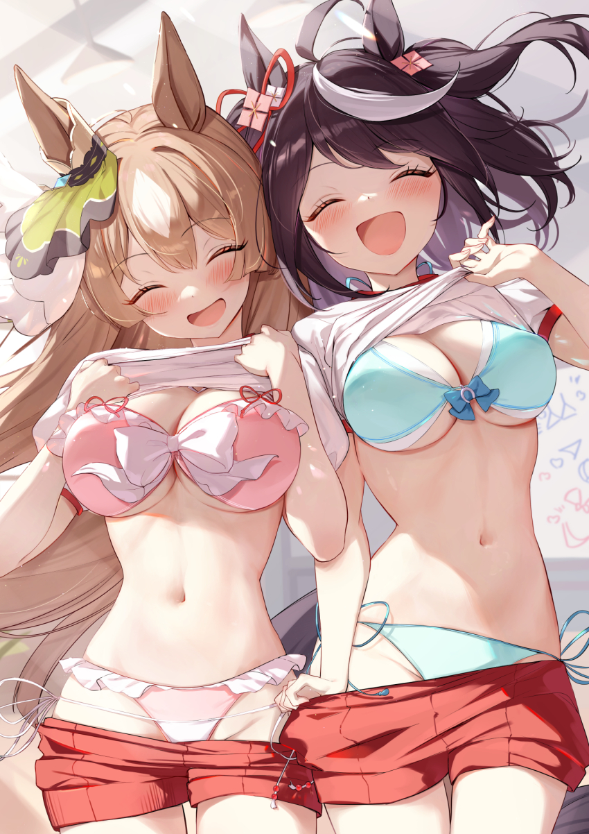 2girls, ^_^, ahoge, animal_ears, aqua_bikini, bikini, bikini_bottom_under_shorts, bikini_under_clothes