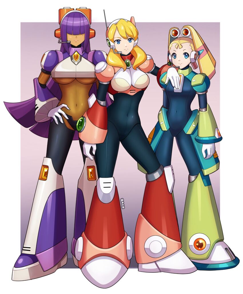 3girls, alia_(mega_man), android, armor, black_bodysuit, blonde_hair, blunt_bangs, bodysuit