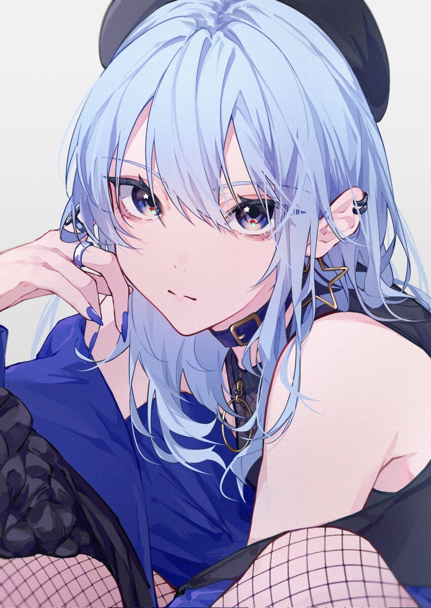 1girl, alternate_costume, bare_shoulders, beret, black_shirt, blue_choker, blue_eyes, blue_hair