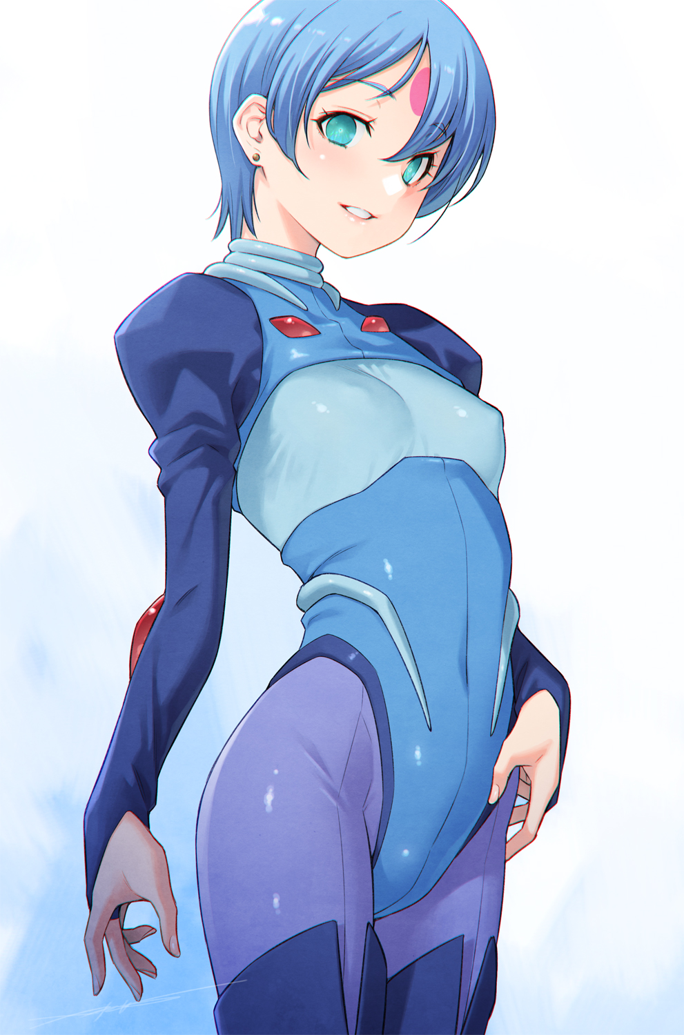 1girl, aqua_hair, blue_bodysuit, blue_hair, blue_thighhighs, blush, bodysuit, breasts