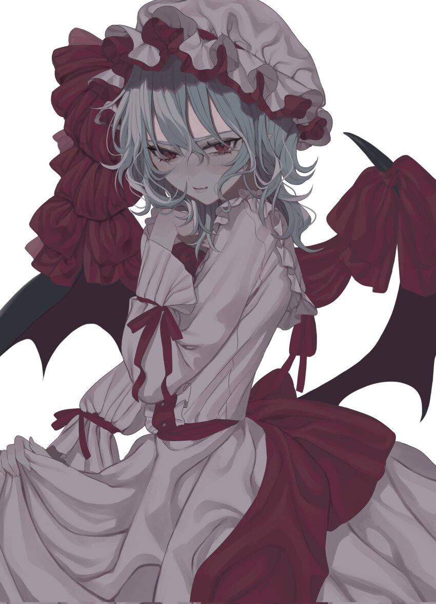 1girl, black_wings, blue_hair, cowboy_shot, dress, hat, highres, medium_hair