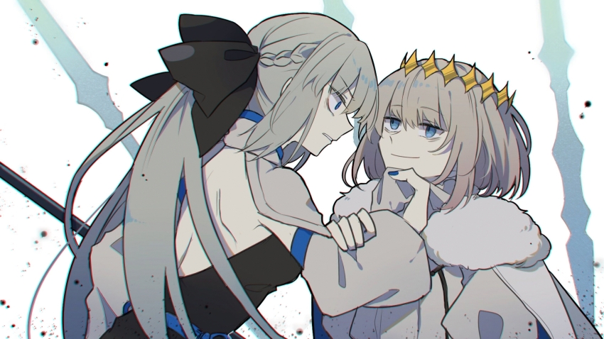 1boy, 1girl, angry, bags_under_eyes, black_bow, blue_eyes, blue_nails, bow, braid, chinese_commentary, clothes_grab, collar_grab, commentary_request, crown, diamond_hairband, fate/grand_order, fate_(series), fighting, fur_trim, grey_hair, hair_bow, highres, long_hair, long_sleeves, medium_hair, morgan_le_fay_(fate), morgan_le_fay_(first_ascension)_(fate), neckwear_grab, oberon_(fate), ponytail, grabbing_another's_shirt, sidelocks, smirk, upper_body, white_background, yuezhuanlang
