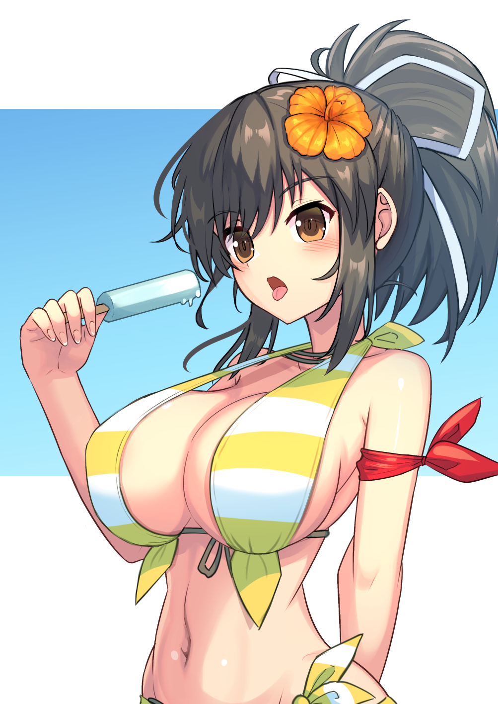 1girl, arm_behind_back, arm_scarf, asuka_(senran_kagura), bare_arms, bare_shoulders, bikini, black_hair
