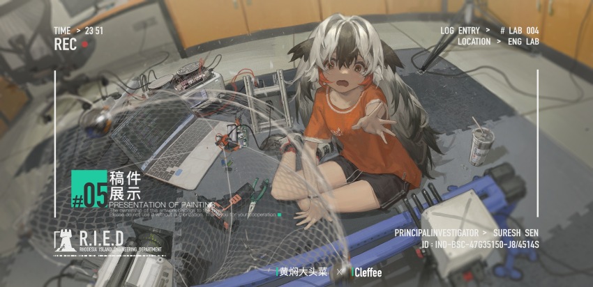 1girl, absurdres, arknights, black_hair, black_shorts, blurry, cable, chair, chinese_commentary, chinese_text, commentary_request, computer, depth_of_field, drill, drink, drinking_straw, english_text, grey_hair, hair_between_eyes, hair_intakes, highres, hmj_(huang_men_datoucai), indoors, laptop, long_hair, multicolored_hair, on_floor, open_mouth, orange_eyes, orange_shirt, outstretched_arm, pliers, reaching, reaching_towards_viewer, recording, rhodes_island_logo_(arknights), scared, shirt, short_sleeves, shorts, snowsant_(arknights), solo, swivel_chair, t-shirt, timestamp, two-tone_hair, watermark