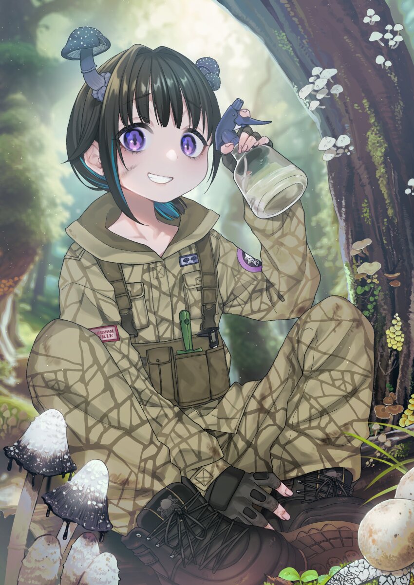 1girl, absurdres, black_hair, boots, bottle, dancho_(dancyo), forest, highres